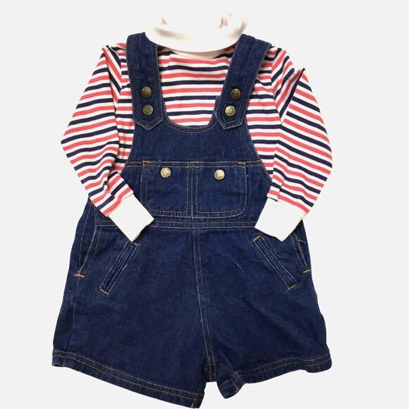 Vintage HAPPY KIDS Denim Overalls CARTER'S Baby Striped Turtleneck 24M Set VBC - Picture 1 of 8